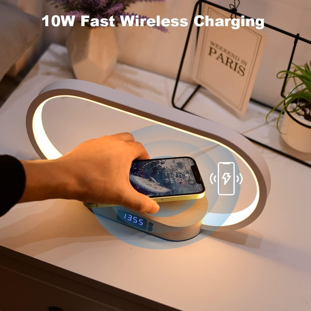 Bedside Table Lamp with Wireless Charger & Clock – Modern Touch LED Night Light