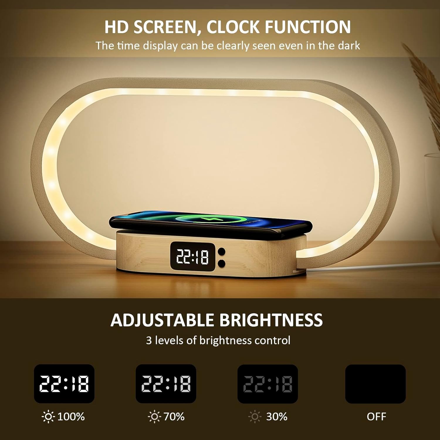 Bedside Table Lamp with Wireless Charger & Clock – Modern Touch LED Night Light