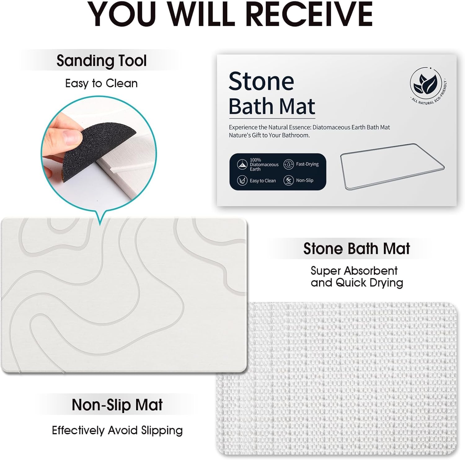 Stone Bath Mat – 60×40 cm Diatomaceous Earth Non-Slip Quick-Drying Shower Mat