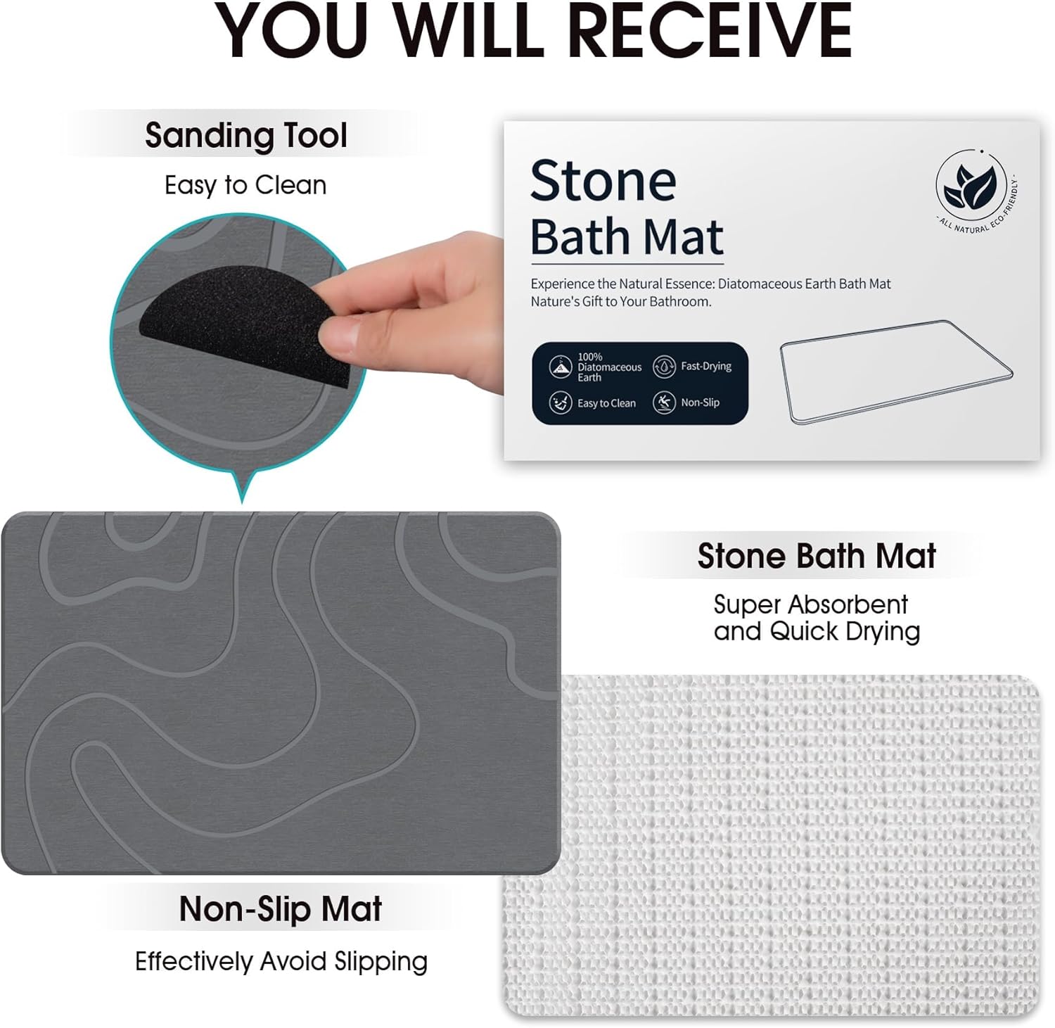 Stone Bath Mat – 60×40 cm Diatomaceous Earth Non-Slip Quick-Drying Shower Mat