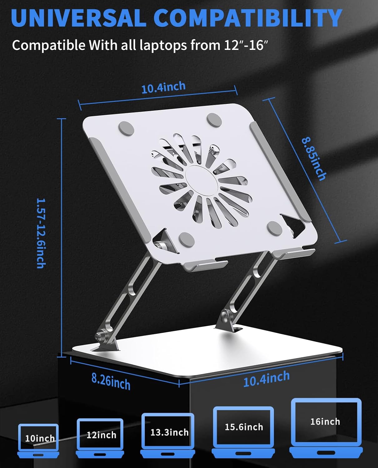 Laptop Cooling Pad – Low-Noise Fan, 3.0 USB Hubs, Ergonomic Aluminum Stand, Ventilated Cooler