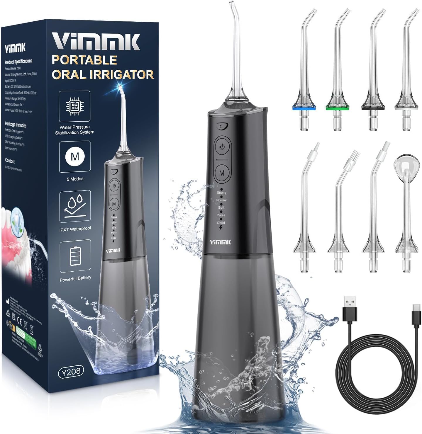 Vimmk Cordless Water Flosser – Portable Oral Irrigator for Teeth & Gums, 5 Modes, 8 Tips, 300ml, IPX7 Waterproof (Black)