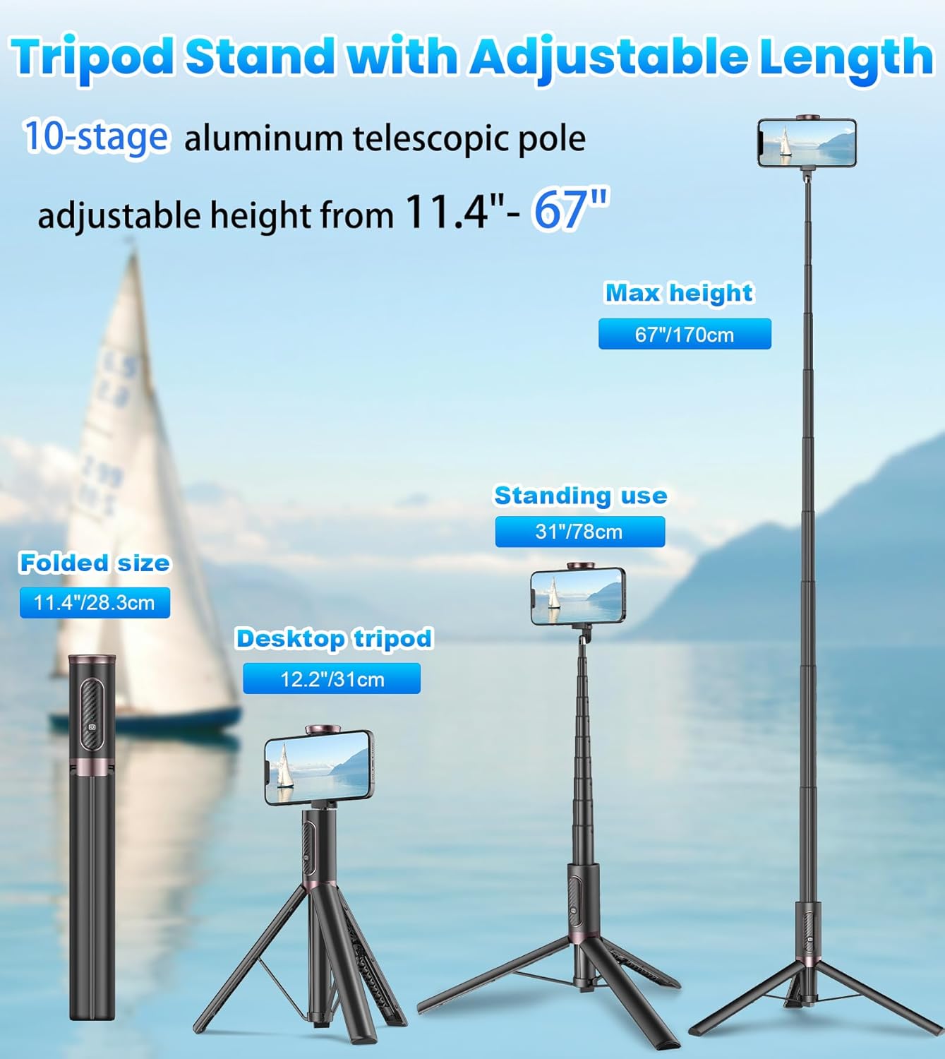 Cell Phone Selfie Stick Tripod – All-in-1 Extendable Tripod with Wireless Remote