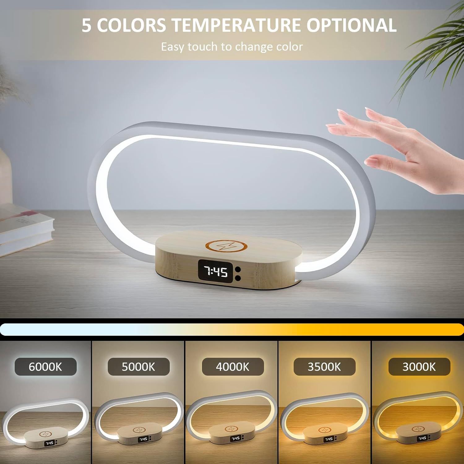Bedside Table Lamp with Wireless Charger & Clock – Modern Touch LED Night Light