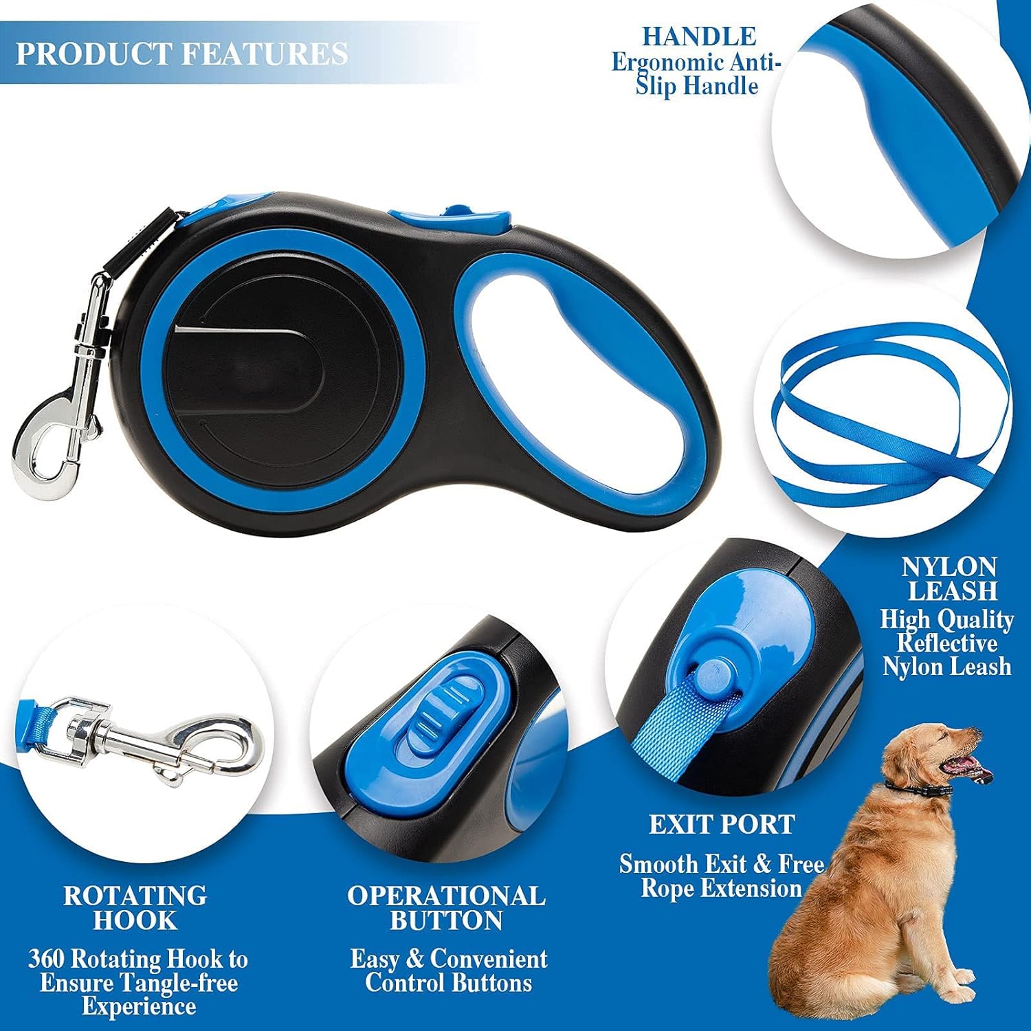 Retractable Dog Leash with Anti-Slip Handle – 8m / 5m, Heavy Duty No-Tangle (Blue, 8m)