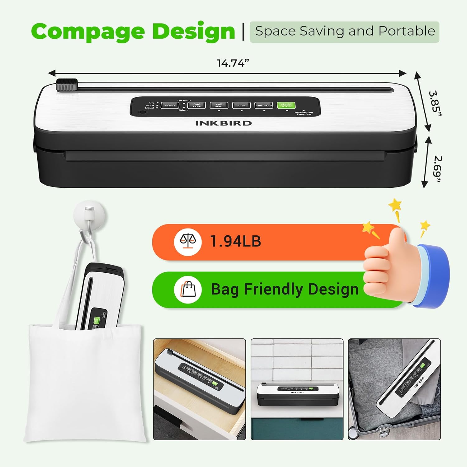 Vacuum Sealer – 3 Food Types, 4 Operating Modes, Built-in Cutter & Water Drip Tray
