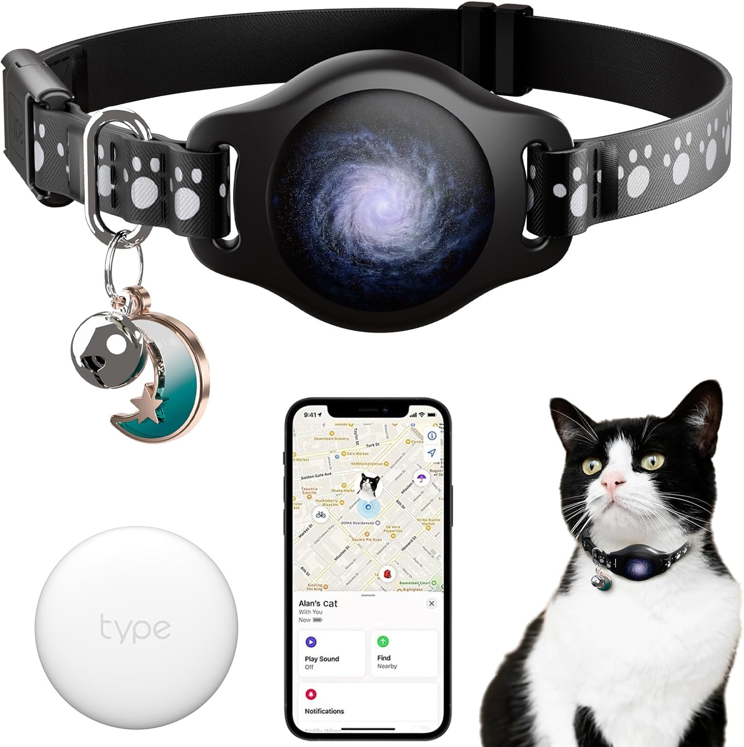 Cat Tracker Collar - Tracking Pet Collar with Finder Tag Waterproof, No Monthly Fee, Compatible with Apple Find My IOS