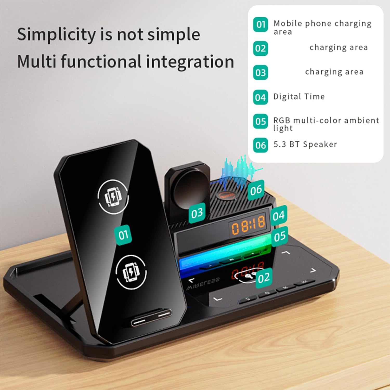 7-in-1 Wireless Charging Station with Adjustable Night Light, Bluetooth Speaker