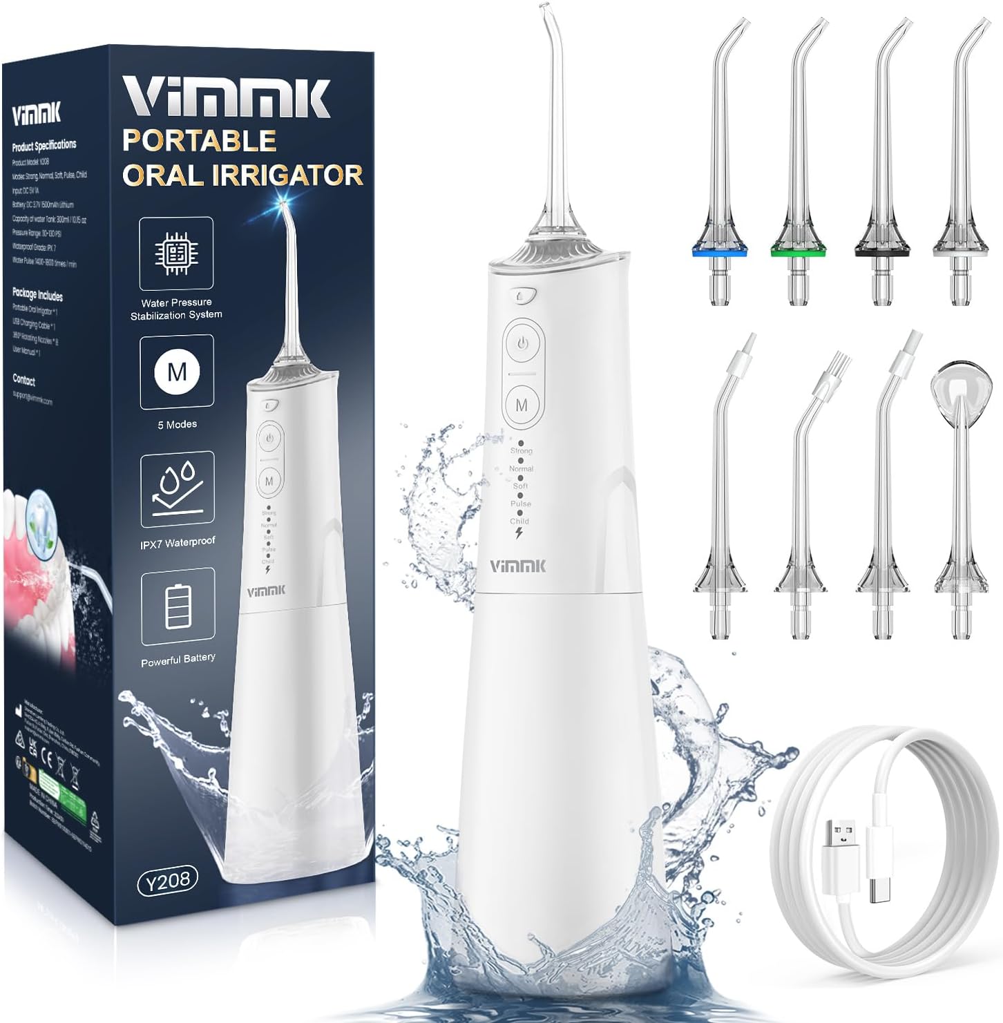 Vimmk Cordless Water Flosser – Portable Oral Irrigator for Teeth & Gums, 5 Modes, 8 Tips, 300ml, IPX7 Waterproof (Black)