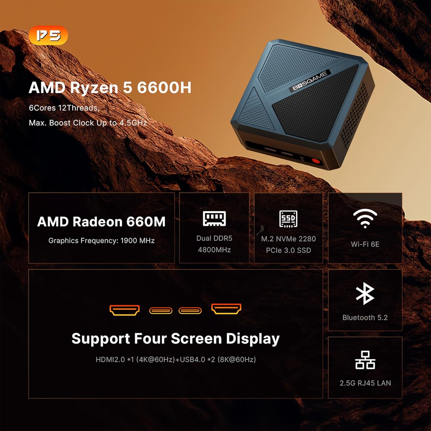 E4 Mini PC – AMD Ryzen 5 3550H | 16GB RAM, 1TB NVMe SSD | Triple Display Support