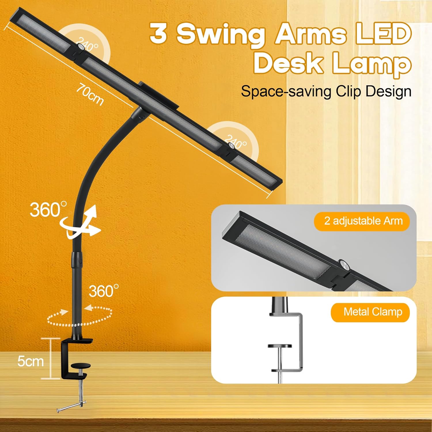 LED Desk Lamp with 3 Arms, Human Sensor & 25 Lighting Modes – Space-Saving