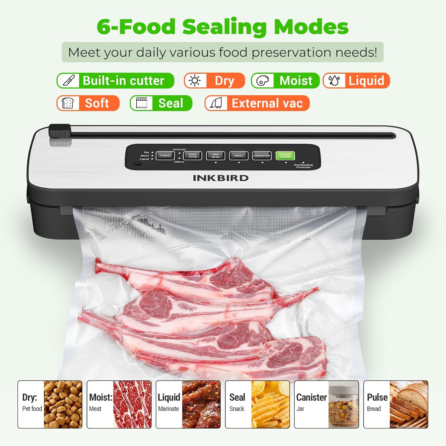 Vacuum Sealer – 3 Food Types, 4 Operating Modes, Built-in Cutter & Water Drip Tray