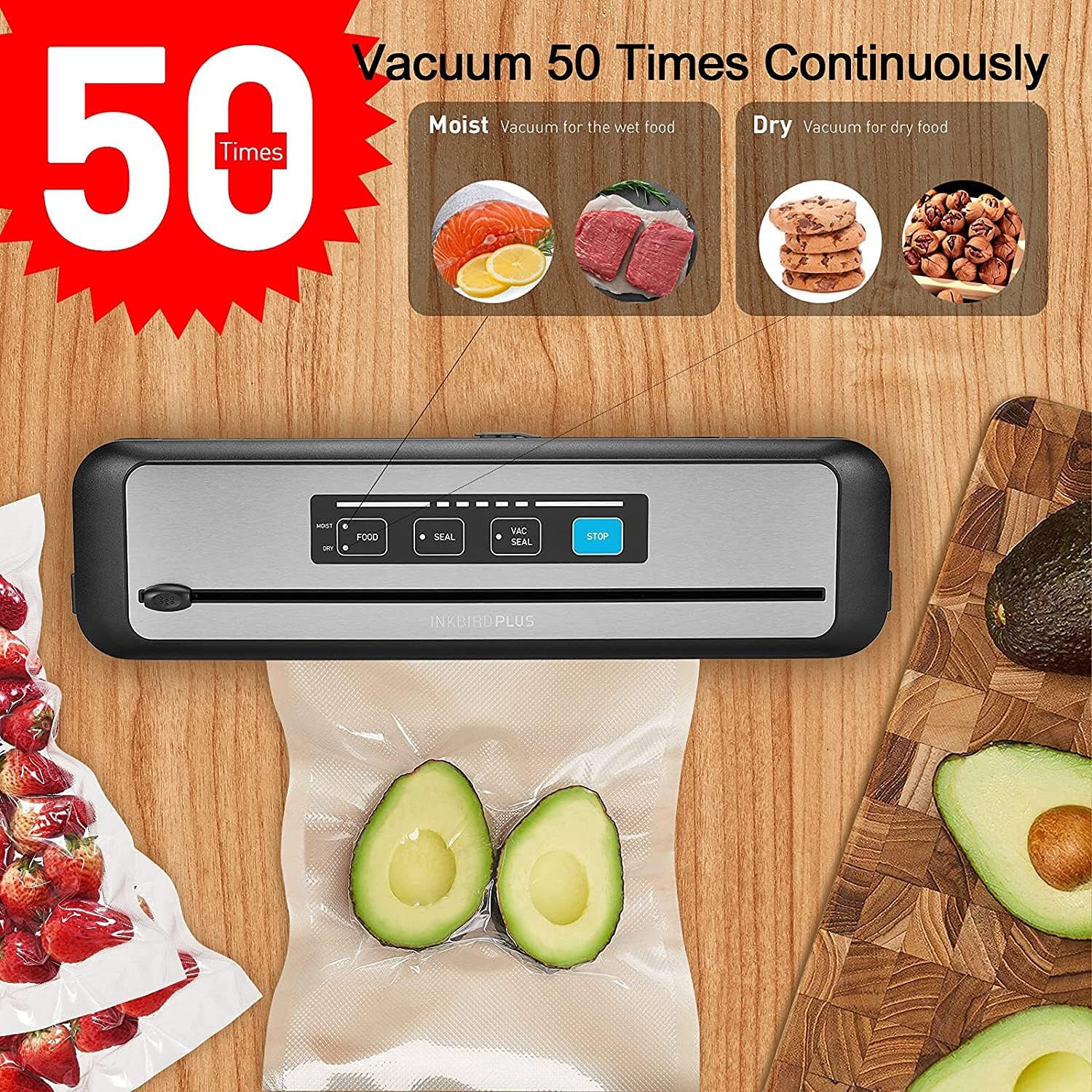 Vacuum Sealer Automatic Sealing Machine – Dry & Moist Modes, Built-in Cutter, Easy Cleaning, Stainless Steel Panel
