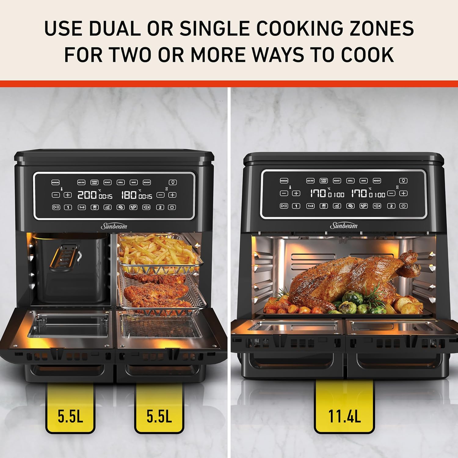 Multi Zone Air Fryer Oven | Convertible Dual 5.5L to Single 11.4L Zone, 9 Accessories, Multiple Presets and Functions, Black