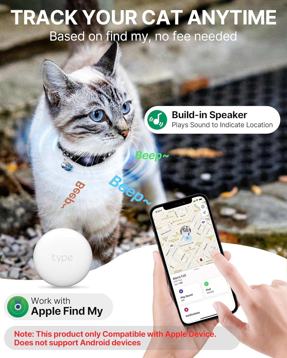 Cat Tracker Collar - Tracking Pet Collar with Finder Tag Waterproof, No Monthly Fee, Compatible with Apple Find My IOS