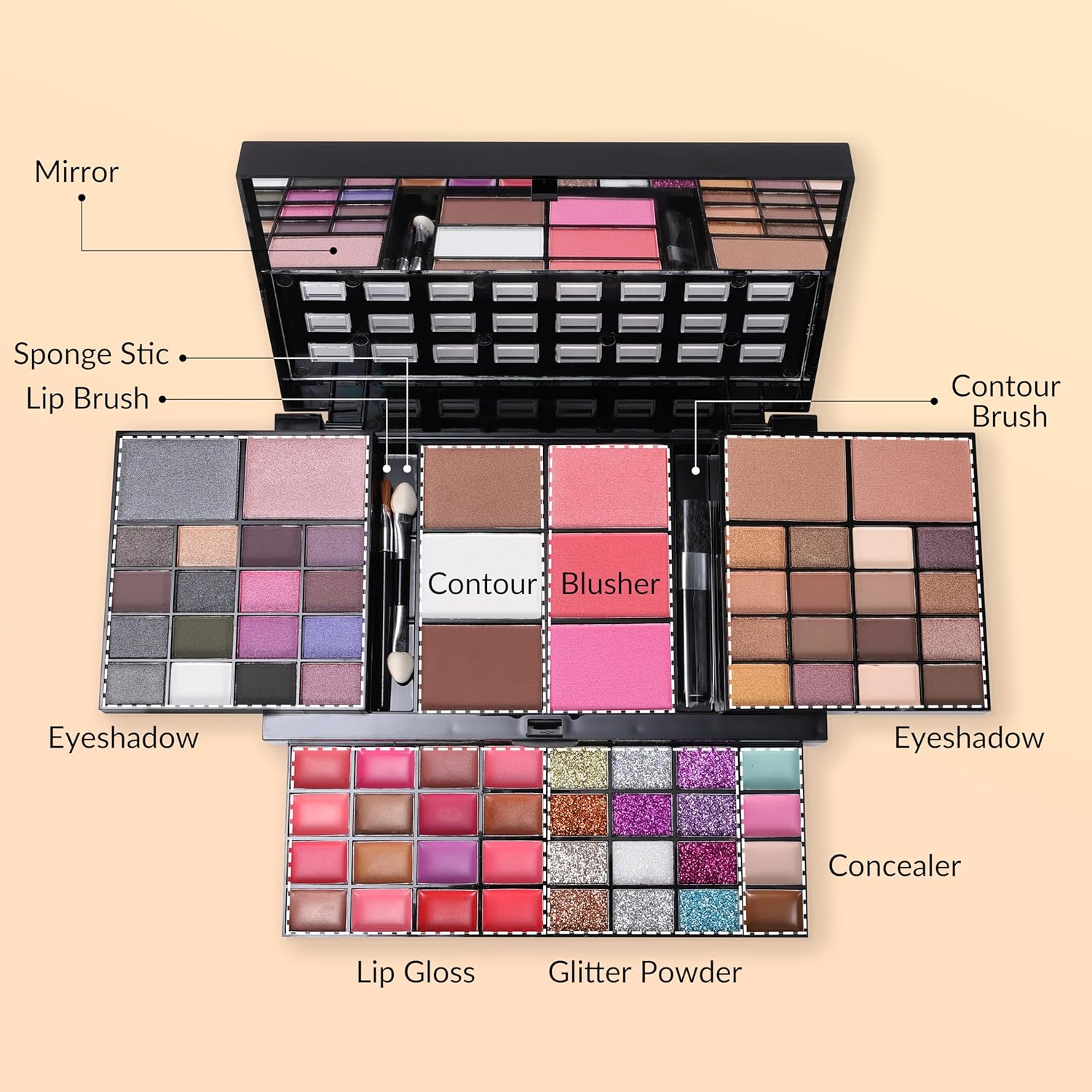 39 Eyeshadows, Blush, Compact Powder, Lipsticks & Brushes – Waterproof